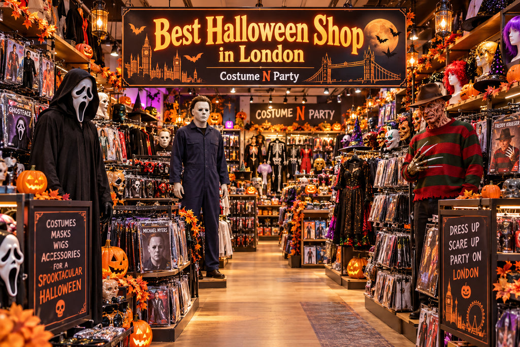Promotional illustration of a Halloween costume shop with Ghostface, Michael Myers and Freddy Krueger displays beneath a Best Halloween Shop in London sign