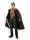Boys Dead King costume with skeleton shirt, fur-trimmed cape and crowned skull mask