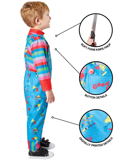 Toddler Chucky costume with Good Guys overalls print jumpsuit, official Child's Play