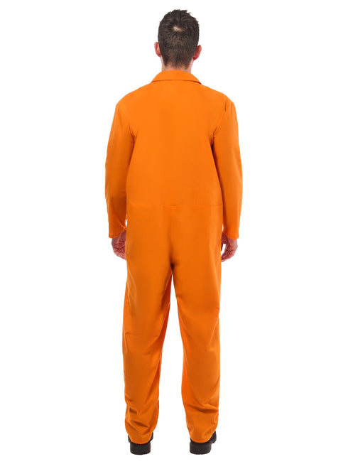 Adult orange convict boiler suit jumpsuit with inmate chest badge