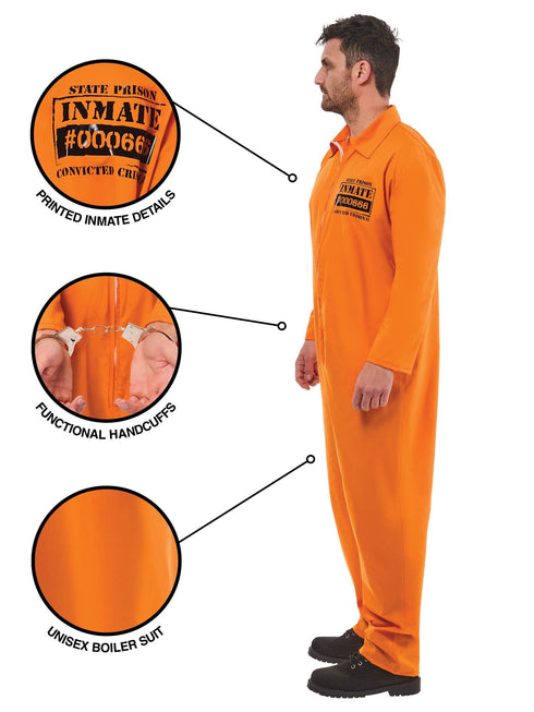 Adult orange convict boiler suit jumpsuit with inmate chest badge