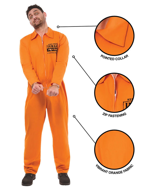 Adult orange convict boiler suit jumpsuit with inmate chest badge