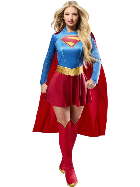Women's Supergirl deluxe costume dress with red cape and belt, official DC Comics