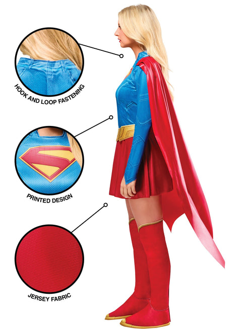 Women's Supergirl deluxe costume dress with red cape and belt, official DC Comics
