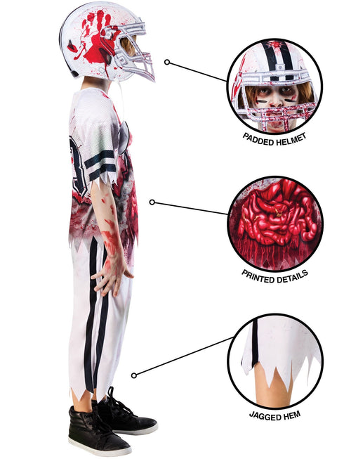 Kids zombie American footballer costume with printed jersey and gruesome details