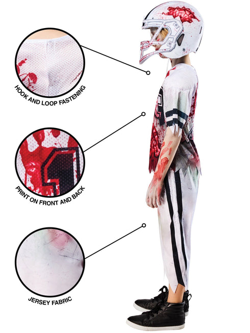 Kids zombie American footballer costume with printed jersey and gruesome details