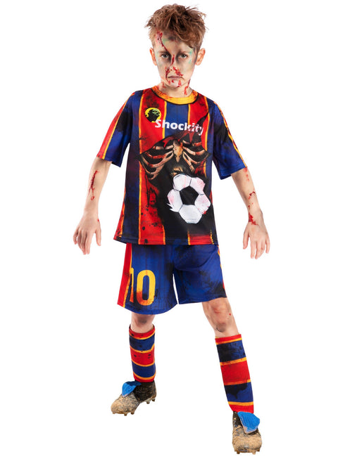 Kids zombie footballer Mess-icre costume with distressed jersey, shorts and socks