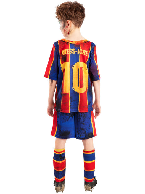 Kids zombie footballer Mess-icre costume with distressed jersey, shorts and socks