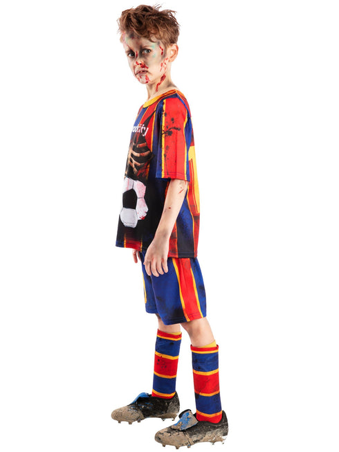 Kids zombie footballer Mess-icre costume with distressed jersey, shorts and socks