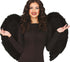 Large black feather angel wings, 80 × 55cm, worn as a dark angel Halloween fancy dress accessory.