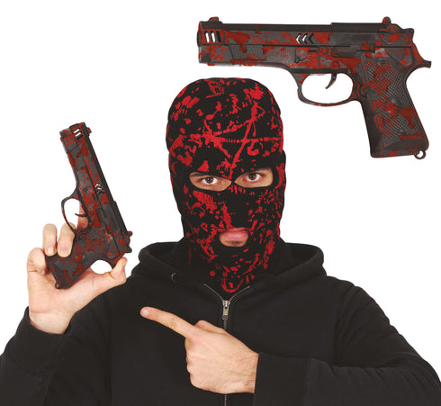 22cm plastic Halloween toy pistol with red fake blood splatter detailing, designed as a horror-themed fancy dress accessory.