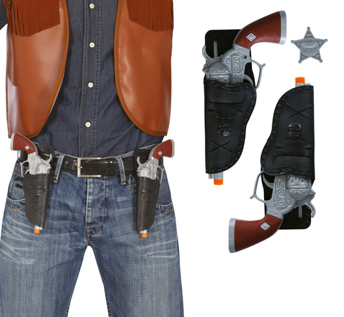 Cowboy toy gun set with two 24cm pistols, holster cartridge belt and sheriff badge