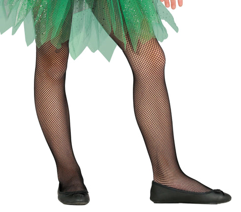 Black fishnet tights for girls aged 7–10 years, suitable for witch, vampire and children's Halloween fancy dress costumes.