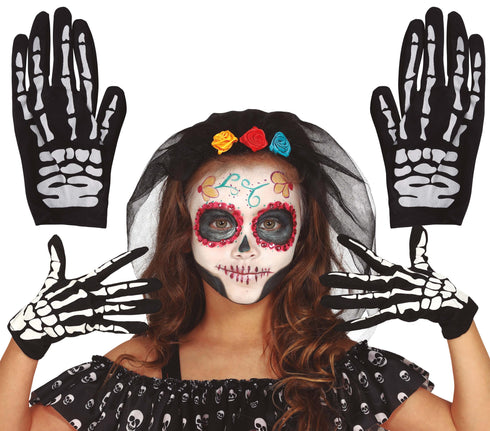 Kids black skeleton bone print gloves 22cm for Halloween costumes