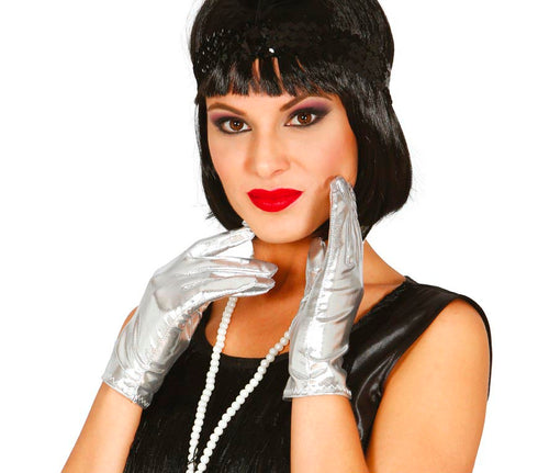 Short silver metallic gloves 22cm for space, robot and disco costumes