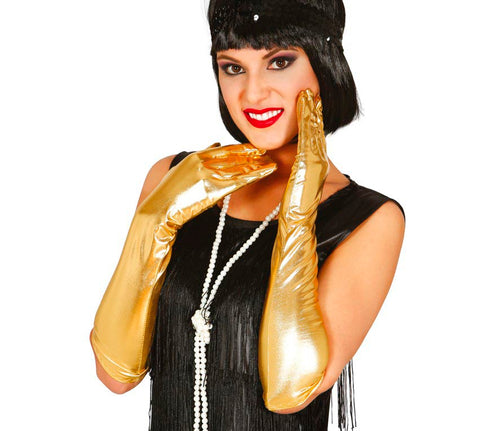 Long gold metallic evening gloves 40cm for glam, burlesque and Egyptian costumes