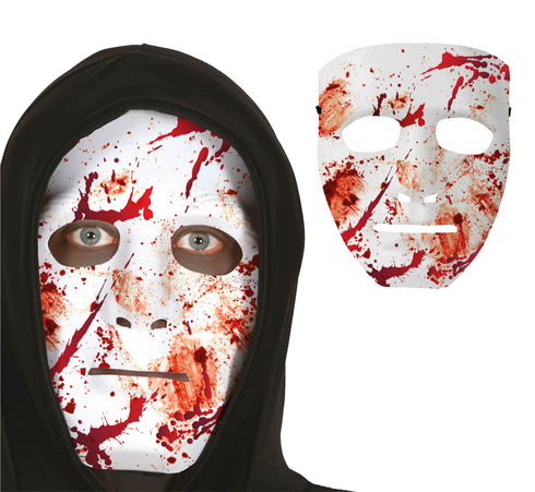 Blood splattered white PVC face mask for slasher and horror Halloween costumes