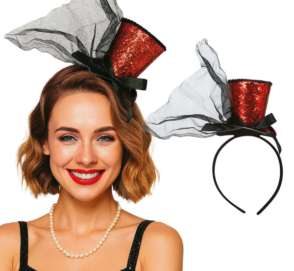 Red mini top hat on a headband for circus, ringmaster and burlesque costumes