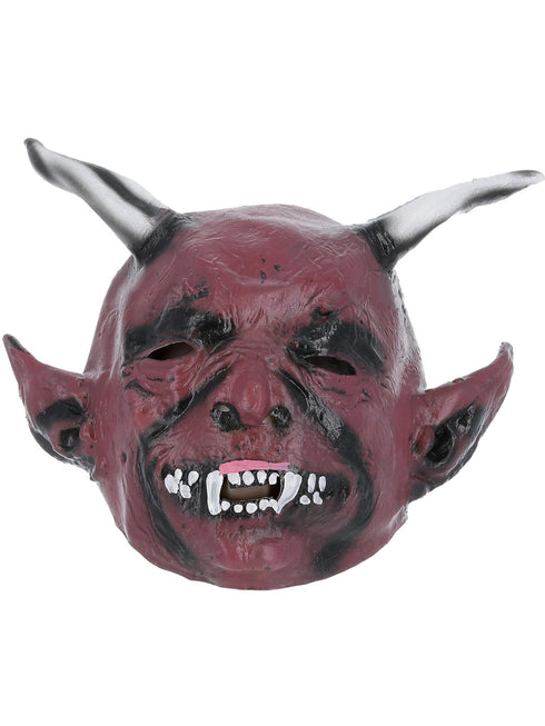 Red devil demon latex overhead mask with horns and fangs