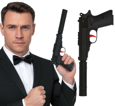 Black toy pistol with silencer 29cm for secret agent and gangster costumes
