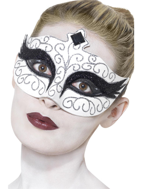 White gothic swan eyemask with silver and black glitter scrollwork