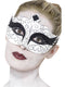White gothic swan eyemask with silver and black glitter scrollwork