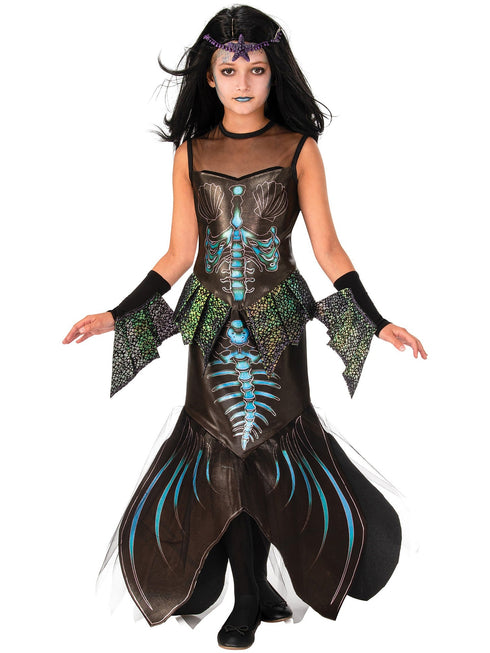Girls zombie mermaid Halloween costume with skeleton scale print dress