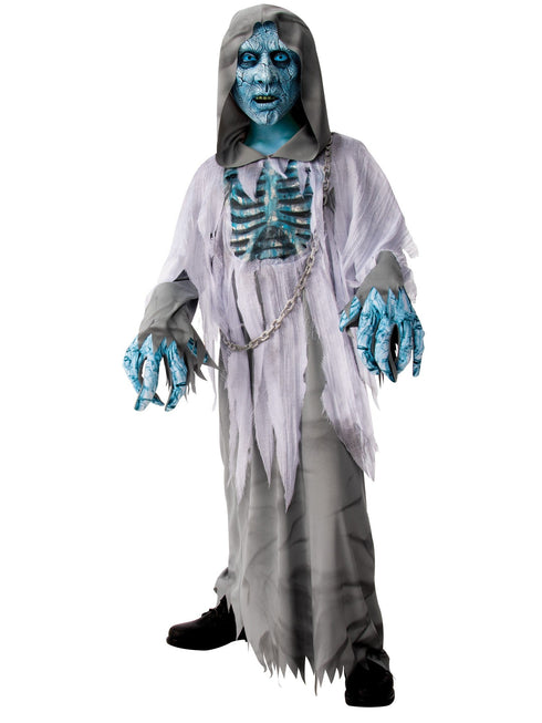 Kids White Demon Halloween costume with tattered hooded robe, gloves and mask