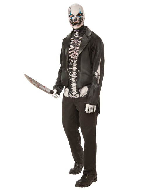 Adult men's skeleton costume with skeleton print top, jacket and mesh skull mask