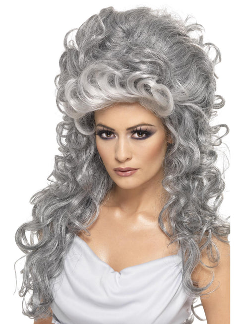 Grey Medeia witch beehive wig with long curls for Halloween