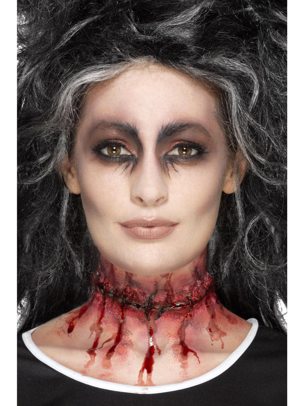 Smiffys latex stitched neck scar prosthetic with red wound and stitches
