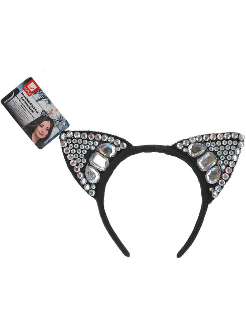 Black velvet cat ear headband with iridescent jewel embellishments