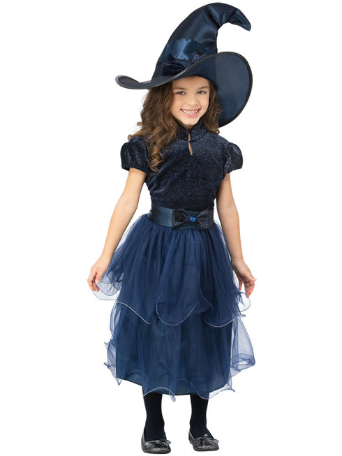 Girls deluxe midnight blue witch costume with glitter bodice and tulle skirt