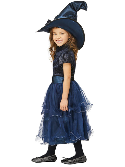Girls deluxe midnight blue witch costume with glitter bodice and tulle skirt