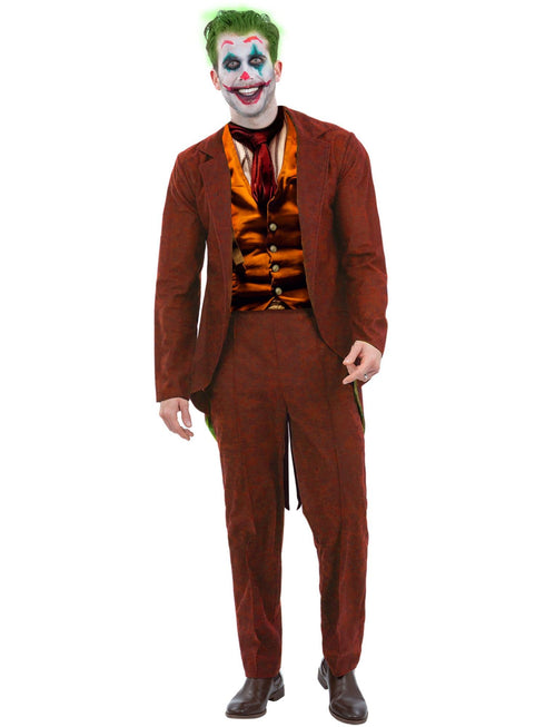Men's modern trickster Joker style costume with red jacket, trousers and printed t-shirt