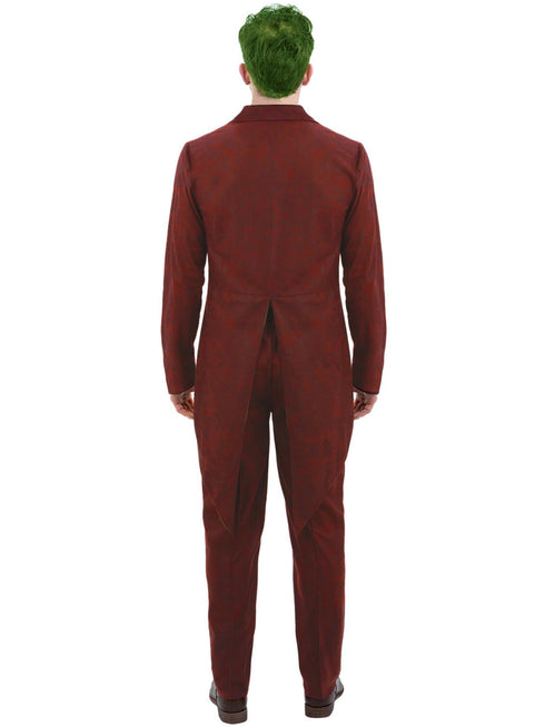 Men's modern trickster Joker style costume with red jacket, trousers and printed t-shirt