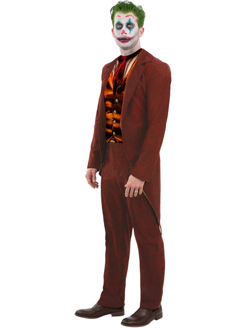 Men's modern trickster Joker style costume with red jacket, trousers and printed t-shirt