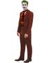 Men's modern trickster Joker style costume with red jacket, trousers and printed t-shirt