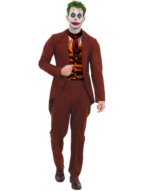 Men's modern trickster Joker style costume with red jacket, trousers and printed t-shirt