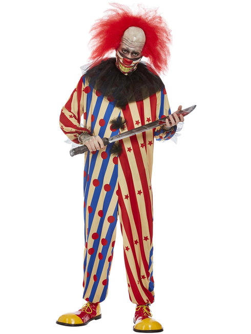 Men's creepy clown costume with red and blue striped jumpsuit, ruffle and mask