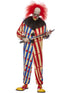 Men's creepy clown costume with red and blue striped jumpsuit, ruffle and mask
