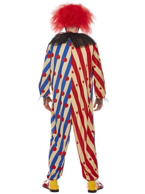 Men's creepy clown costume with red and blue striped jumpsuit, ruffle and mask
