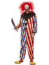 Men's creepy clown costume with red and blue striped jumpsuit, ruffle and mask