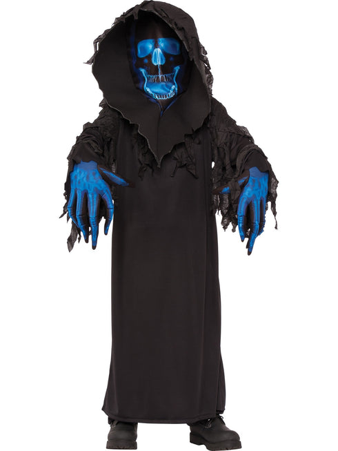 Kids Phantom Reaper costume with tattered black robe, hood and blue skeleton gloves
