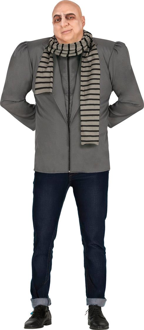 Men's mean inventor villain costume with grey jacket and striped scarf