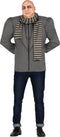 Men's mean inventor villain costume with grey jacket and striped scarf