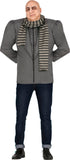 Men's mean inventor villain costume with grey jacket and striped scarf