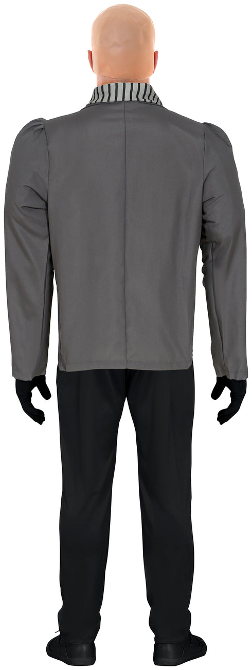 Men's mean inventor villain costume with grey jacket and striped scarf
