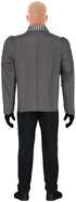 Men's mean inventor villain costume with grey jacket and striped scarf
