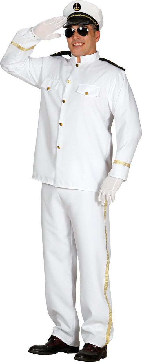 Men's white cruise ship captain uniform costume with jacket, trousers and hat